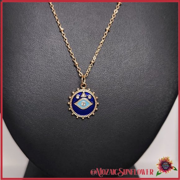 Evil Eye necklace Jewelry - Nazar Evil Eye Cobalt Blue Turquoise Enamel Rose Gold Inset Crystals O Chain NWT